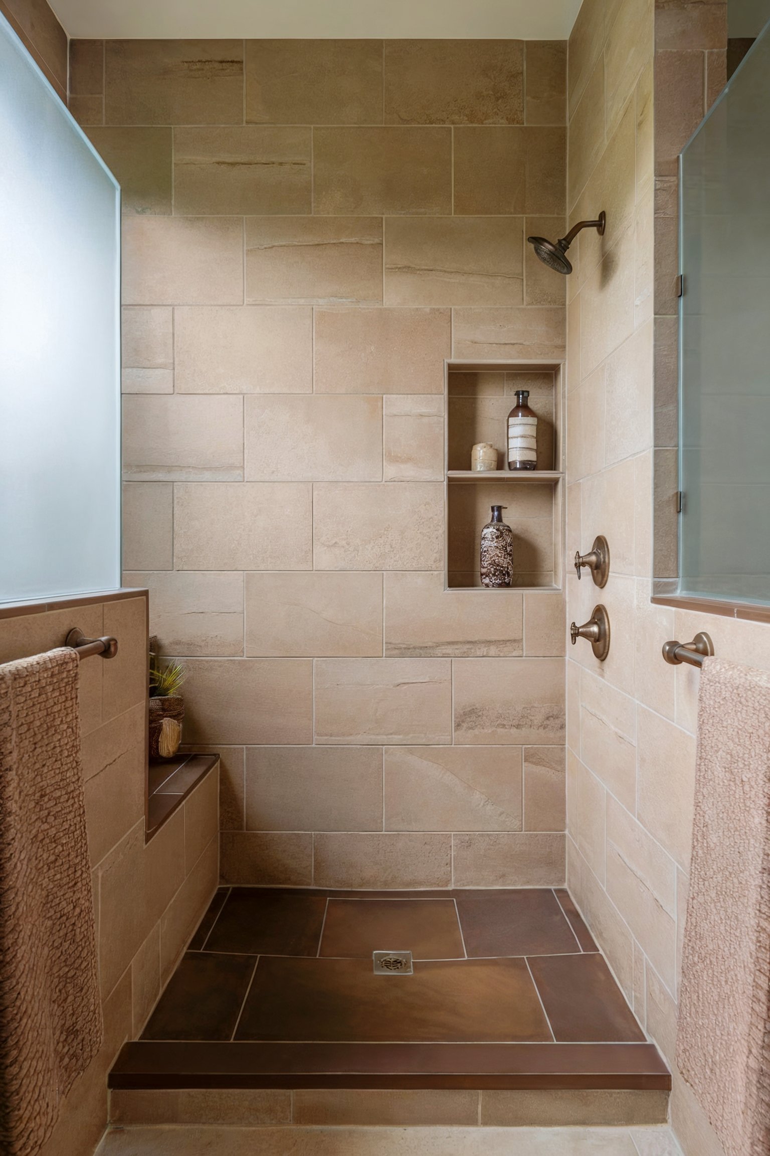 A sleek shower with light tan tiles and built-in shelving for toiletries