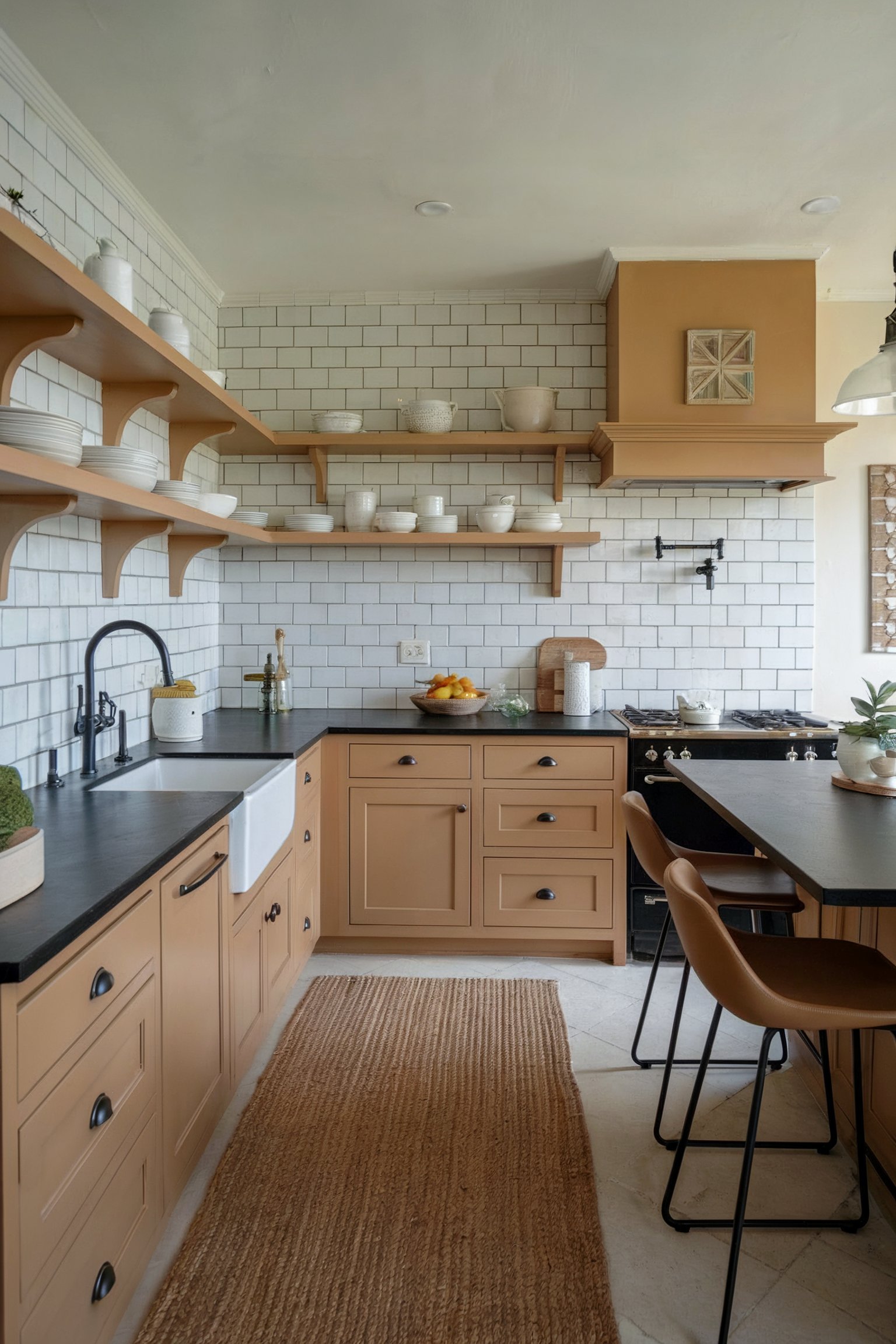 Warm-toned kitchen with tan cabinets, black countertops, white tile backsplash, and open wooden shelving for a cozy feel