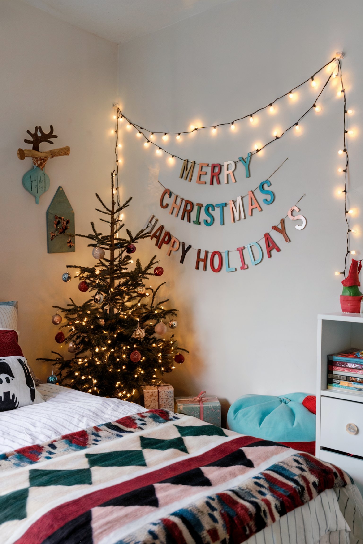 A festive room with string lights and a small decorated Christmas tree, with a banner reading "Merry Christmas" hanging on the wall