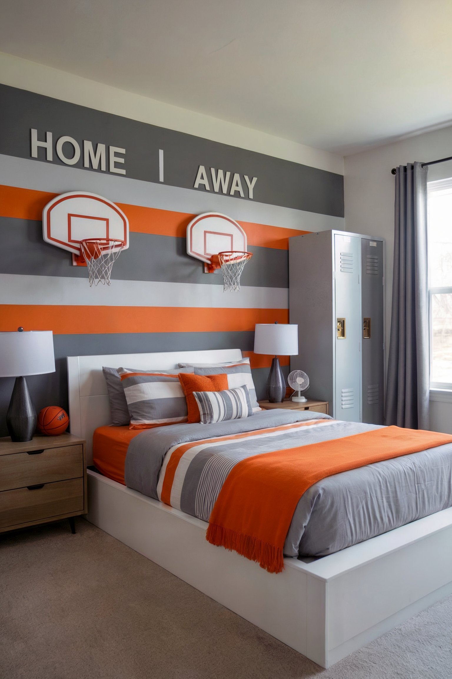 A basketball-themed bedroom with orange and gray stripes, wall-mounted mini hoops, and a bed with matching orange and gray bedding