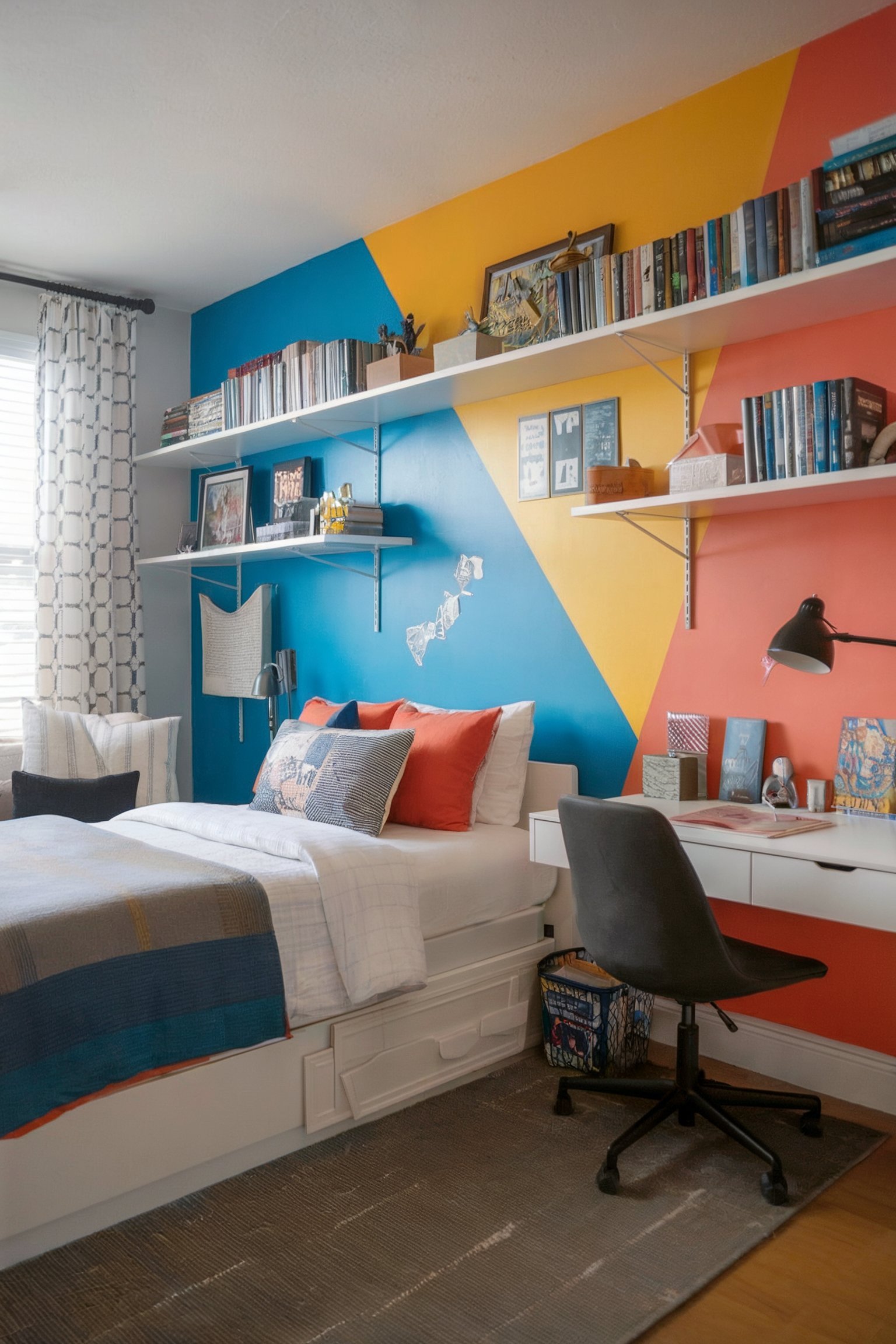 Colorful teen bedroom with bold geometric accent wall, floating shelves, and a study desk
