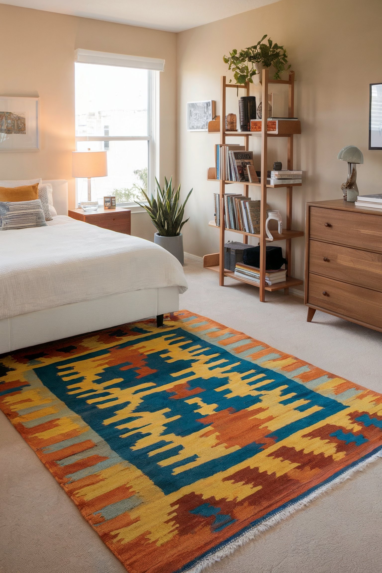 A cozy bedroom with beige walls, a colorful patterned rug, and a wooden bookshelf adding warmth and character