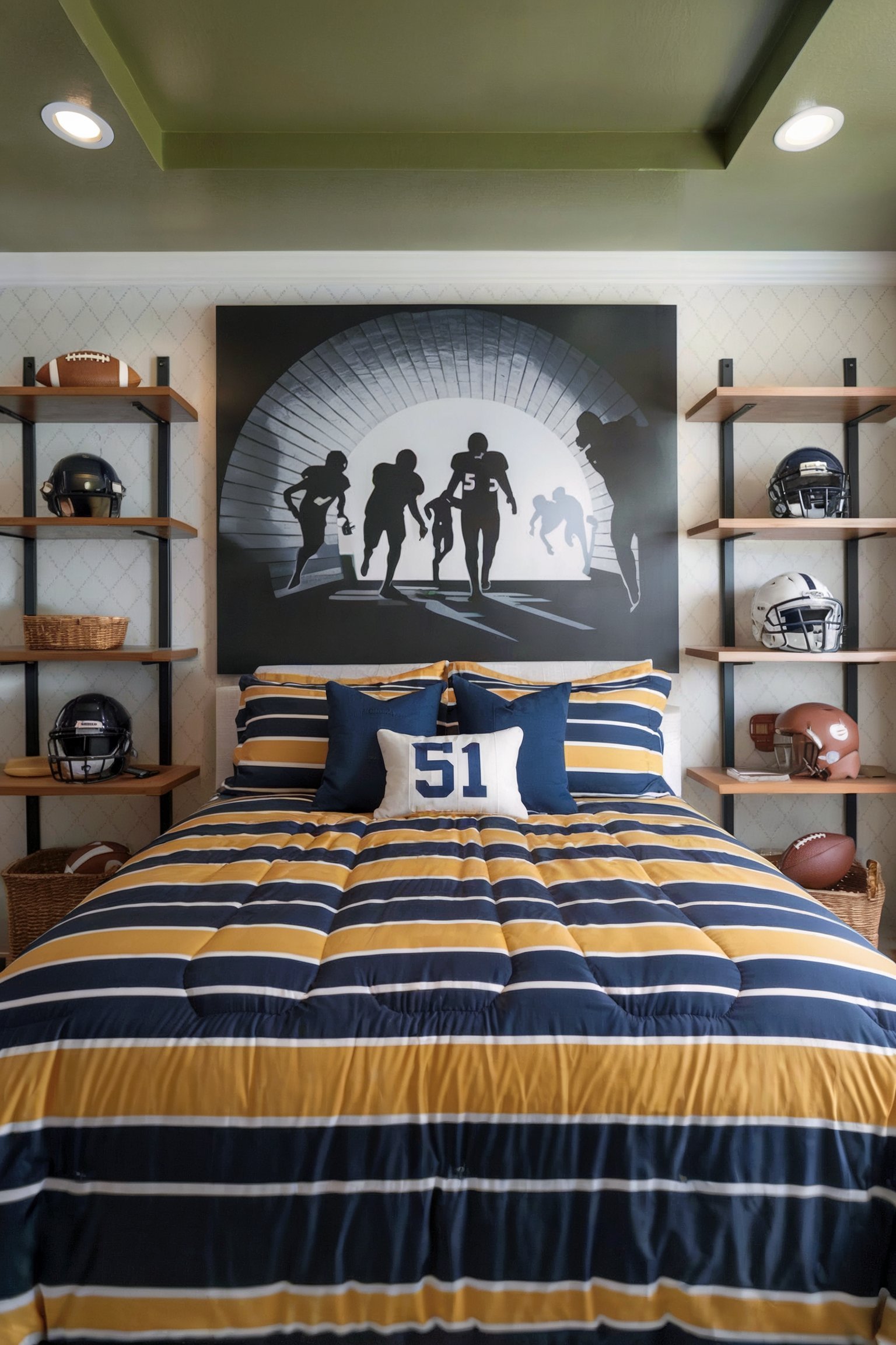 A football-themed bedroom with a large silhouette artwork of players, navy and yellow striped bedding, and shelves displaying football helmets