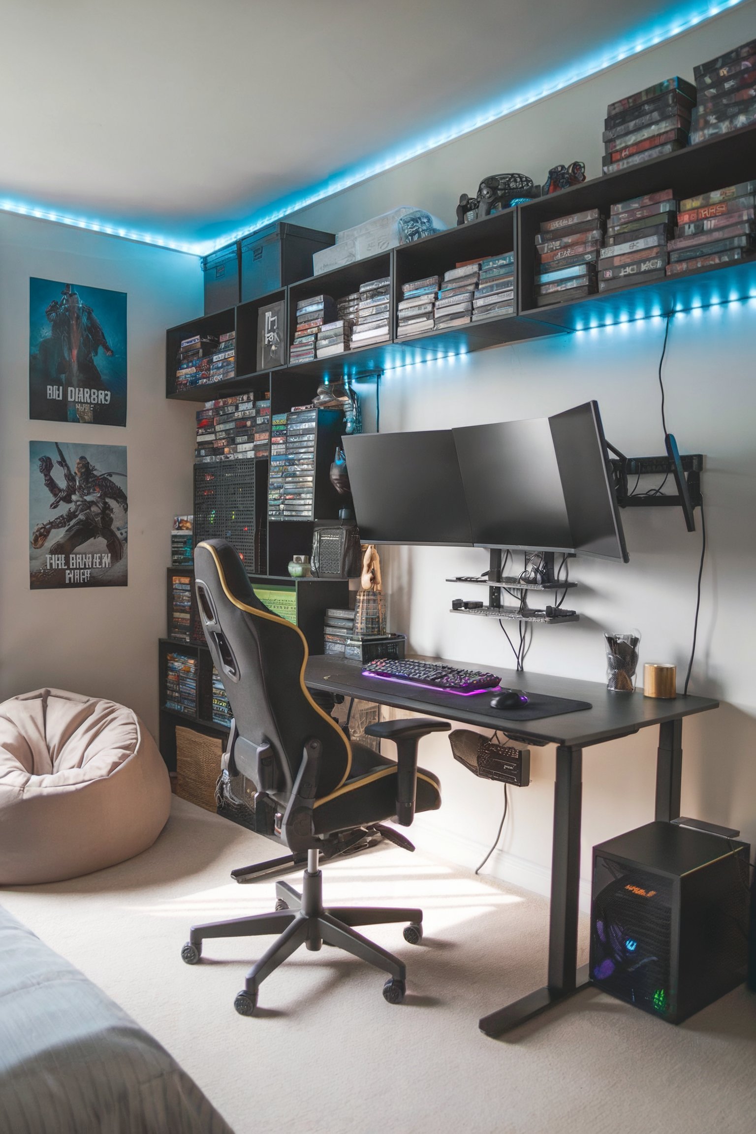 Modern gaming setup in a teen bedroom with dual monitors, LED lights, and shelves filled with games