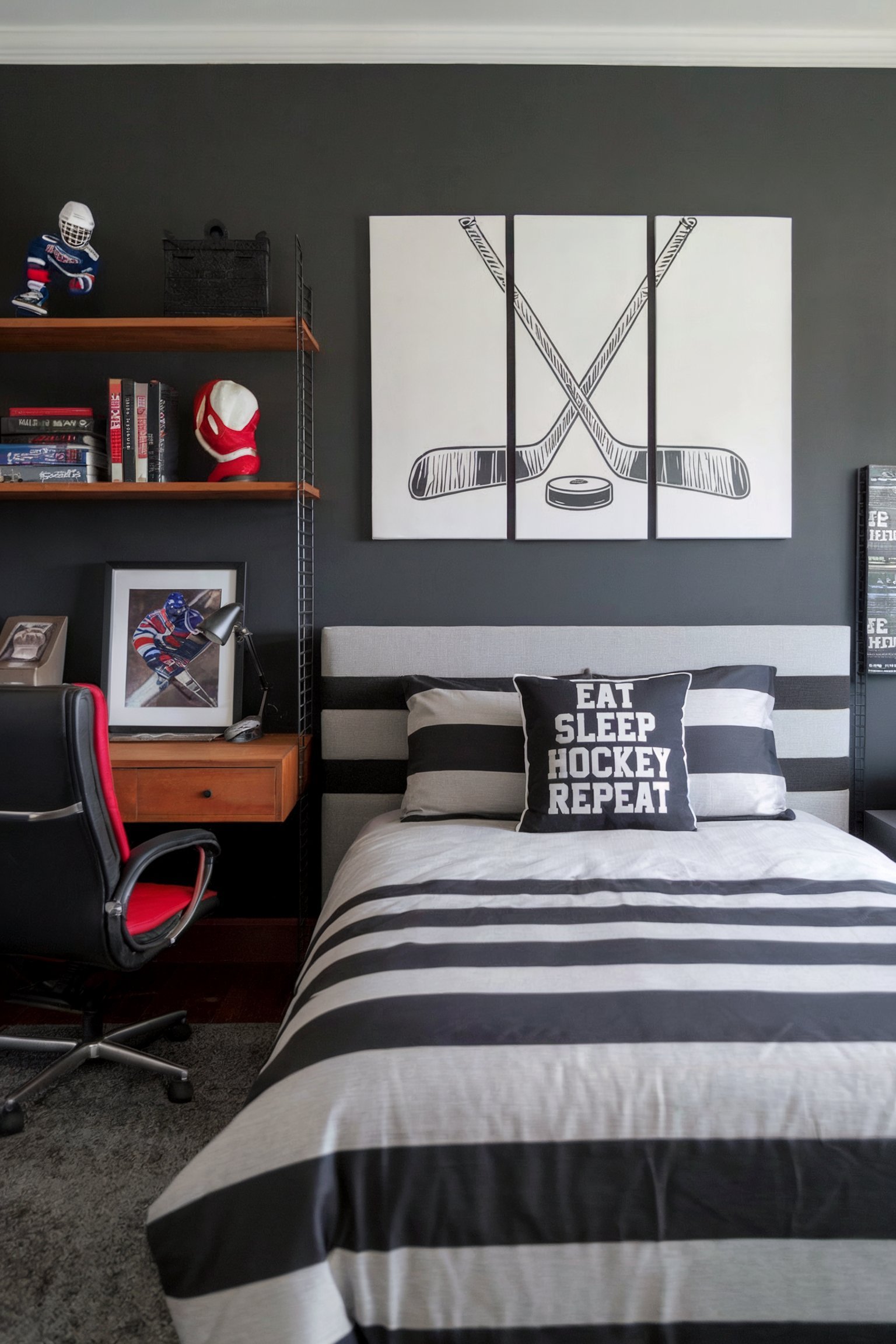 A hockey-themed room with striped bedding, wall art, and a small desk