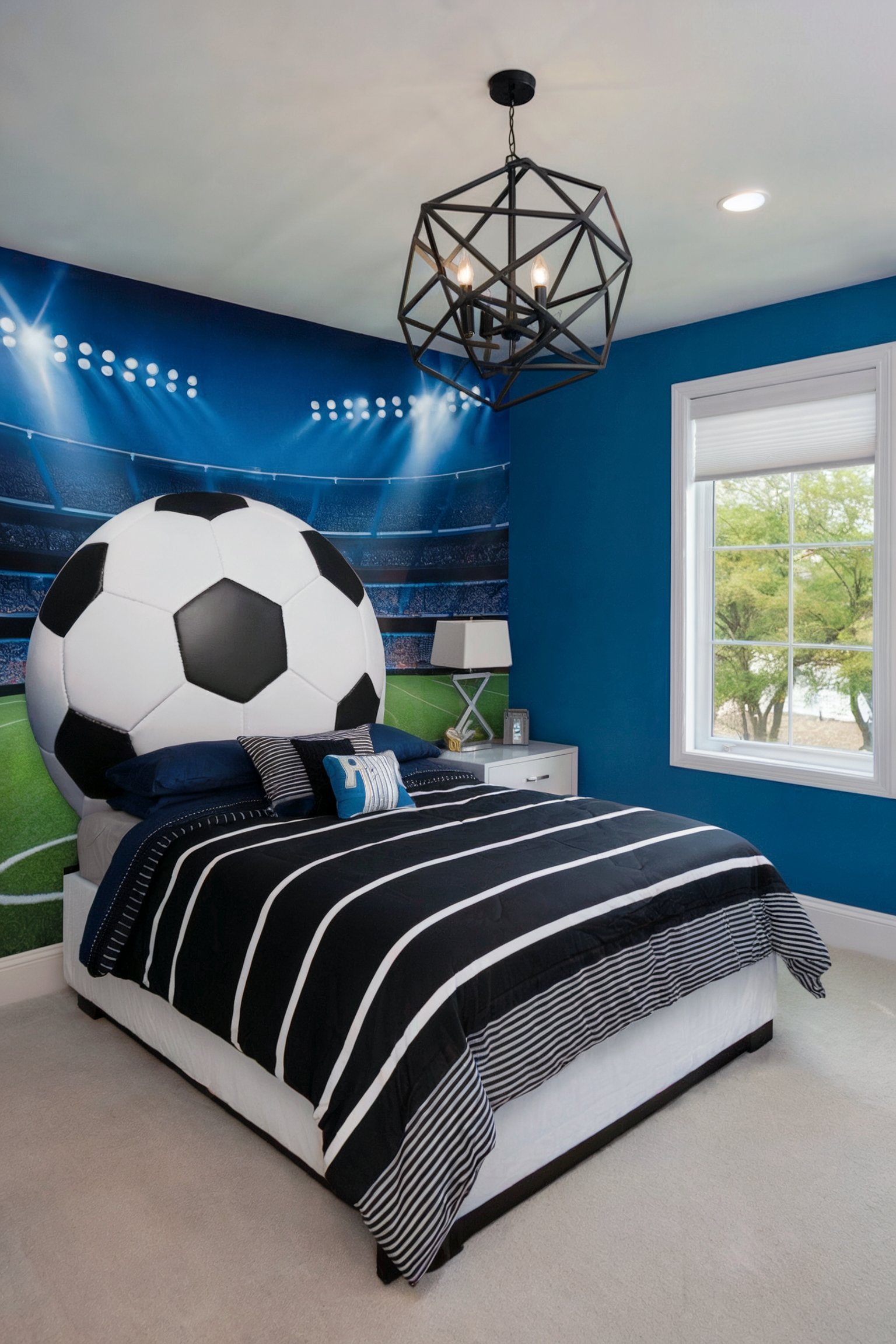 A soccer-themed bedroom with a large soccer ball mural as a headboard, blue walls, and black and white striped bedding