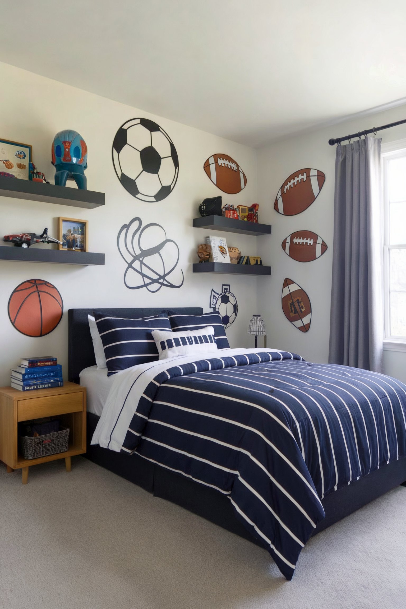 A sports-themed room with a striped bed and sports ball decals on the wall