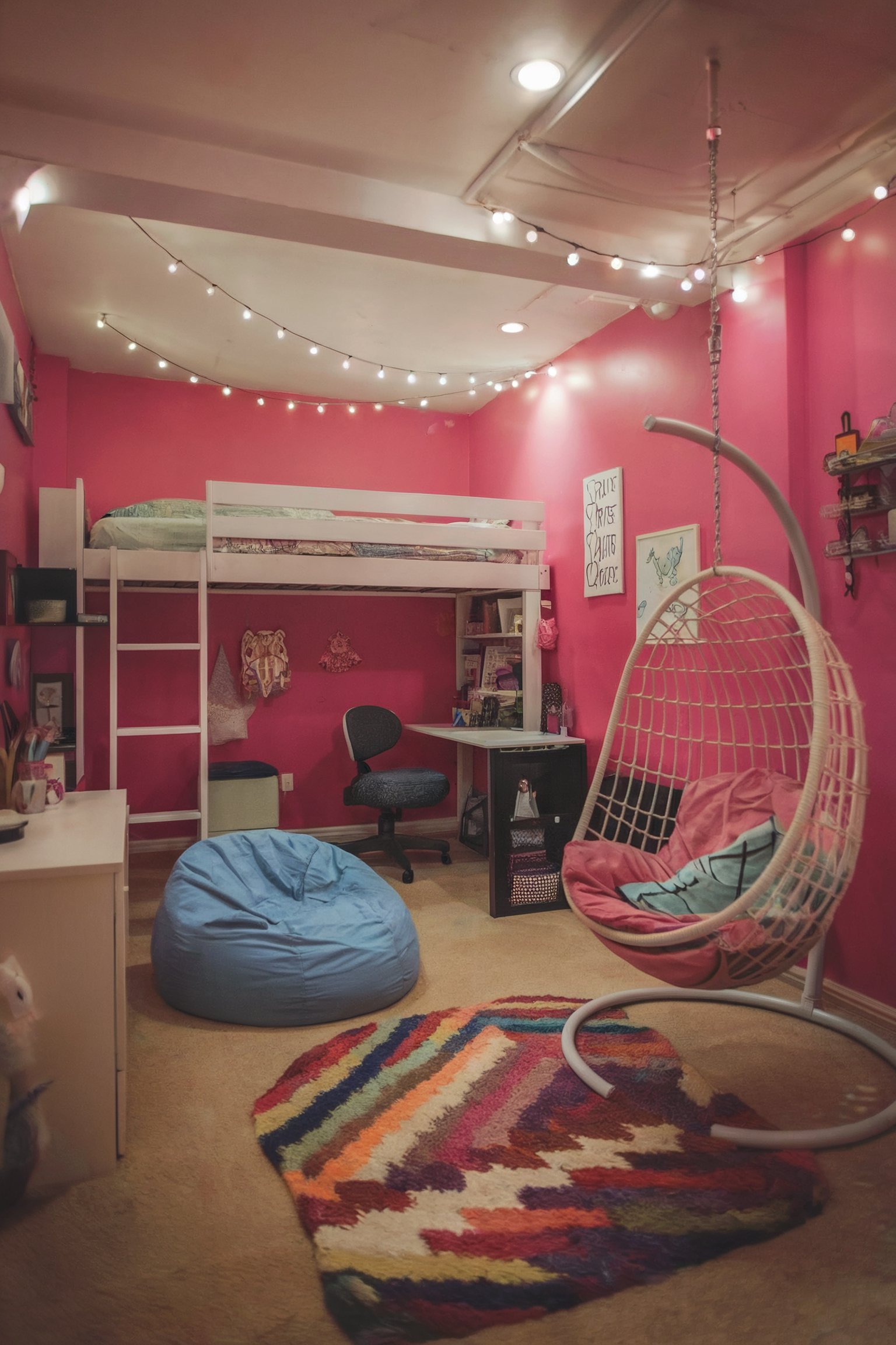 A vibrant pink bedroom with a loft bed, string lights, a hanging chair, and a colorful rug