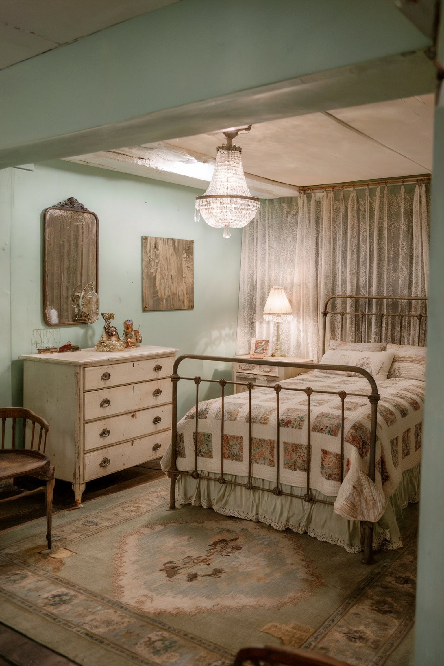 A vintage-inspired basement bedroom with an antique metal bed frame, floral quilt, lace curtains, and a chandelier