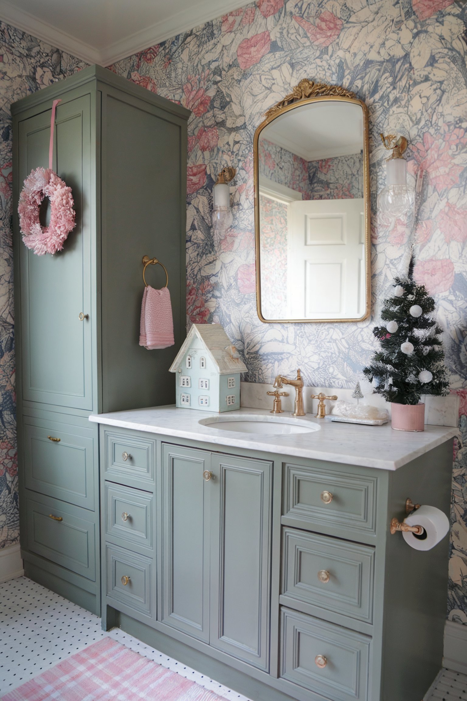 A whimsical bathroom with floral wallpaper, a green vanity, a small Christmas tree, a light pink wreath, and a pastel pink hand towel