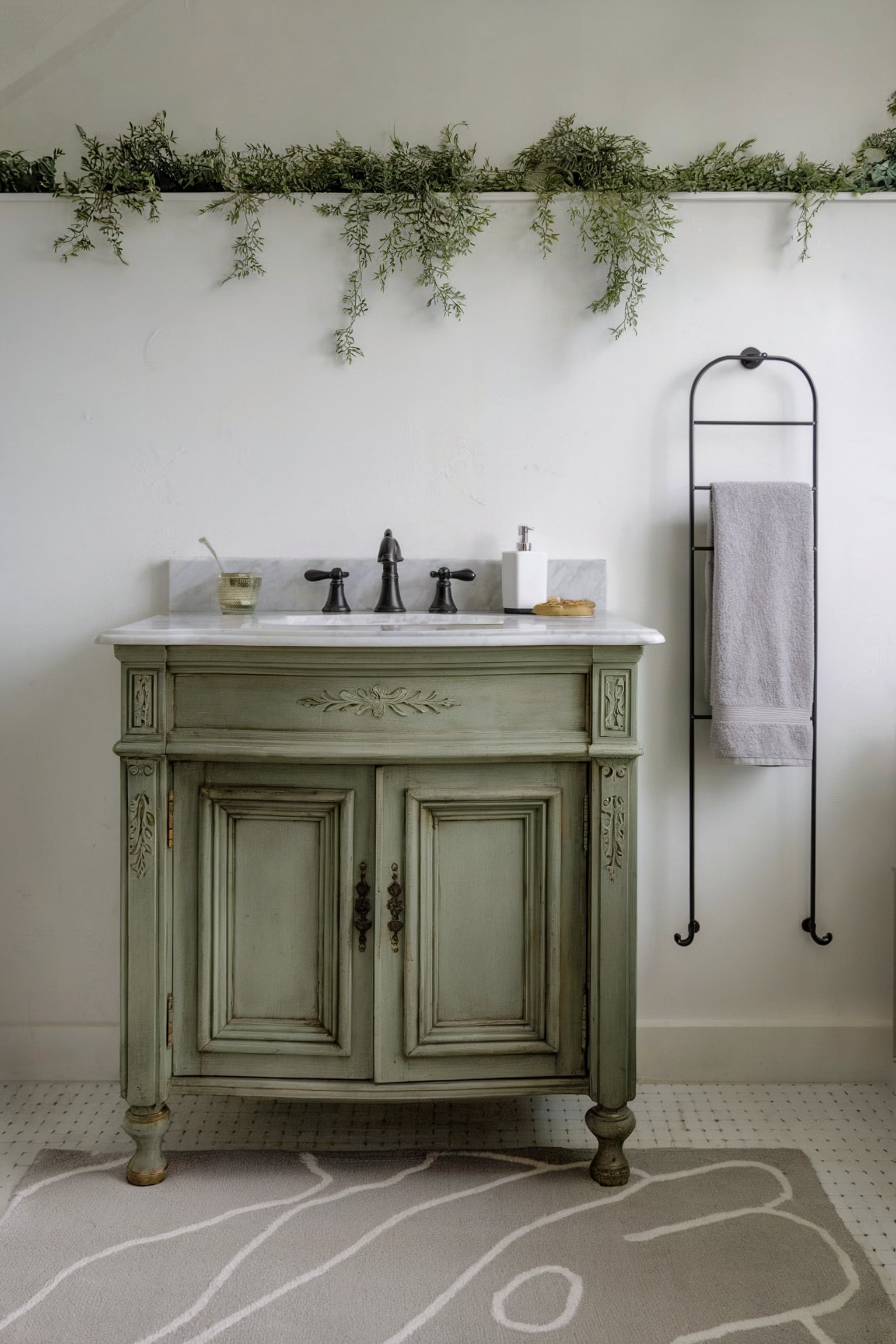 A vintage-style green vanity with intricate carvings and a marble countertop, complemented by a plant decor and minimalist towel rack