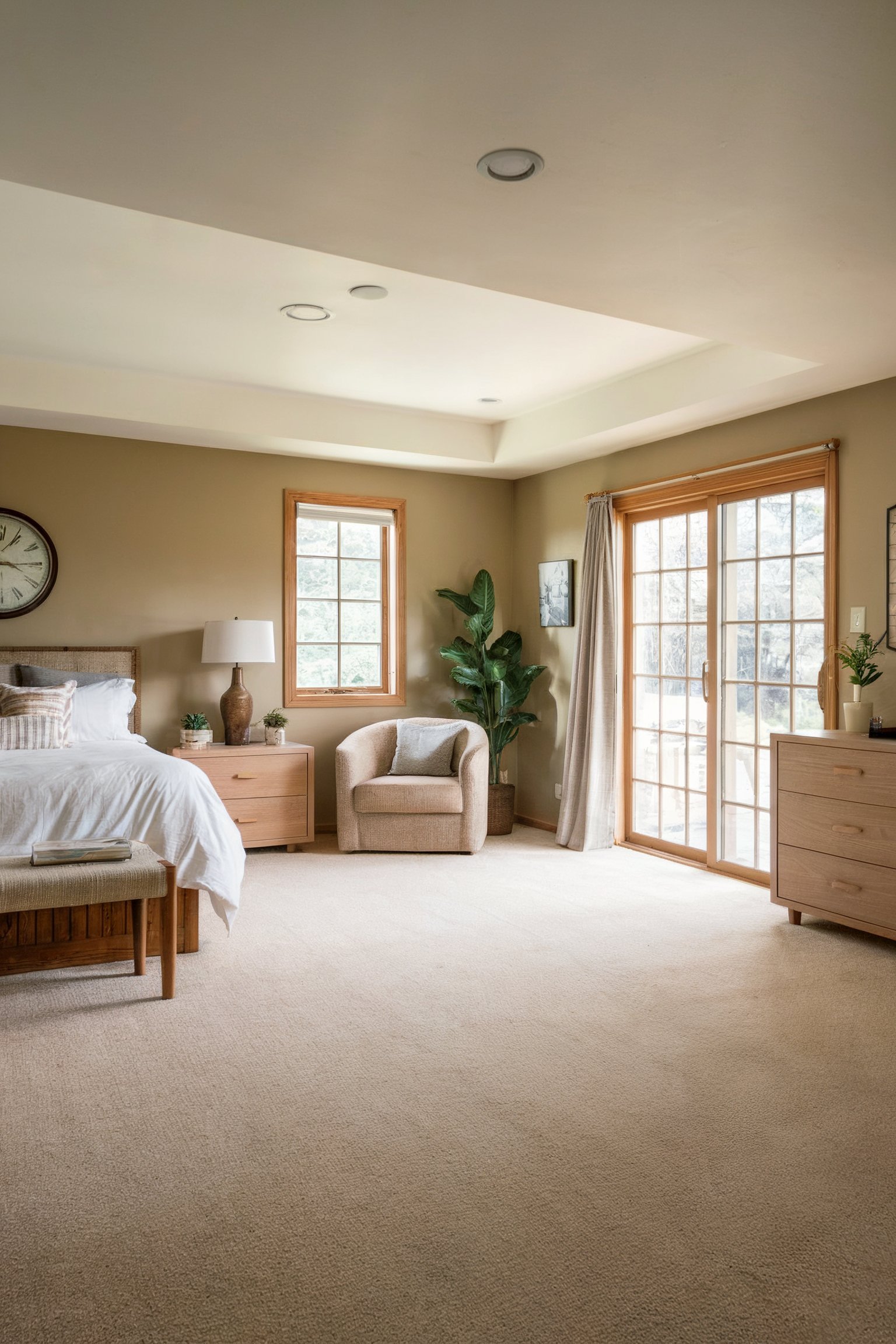 A bright bedroom with a neutral color palette, featuring a sliding glass door, light wooden furniture