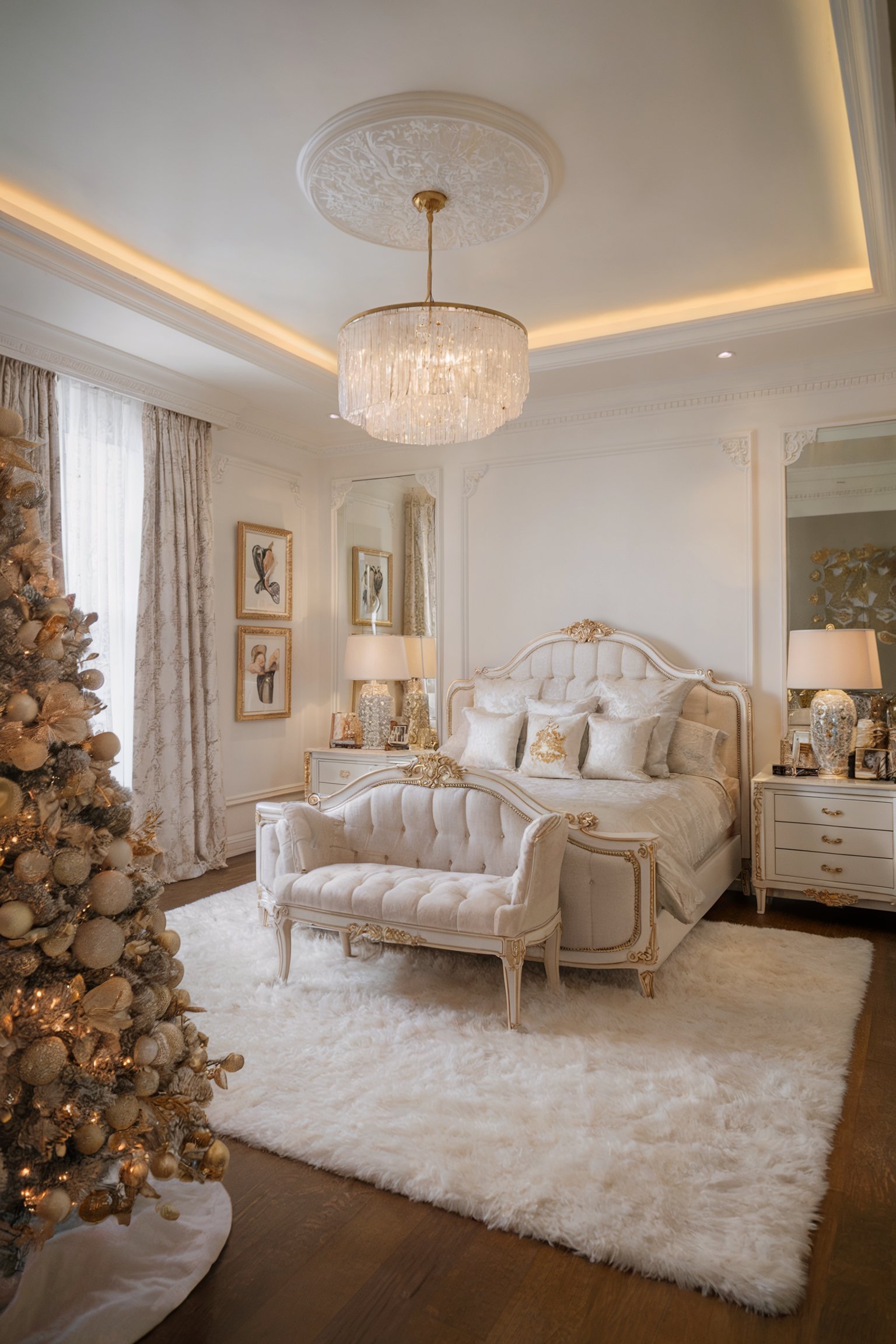 A luxurious bedroom with a white and gold theme, featuring an elegant chandelier, ornate bed frame, and a decorated Christmas tree