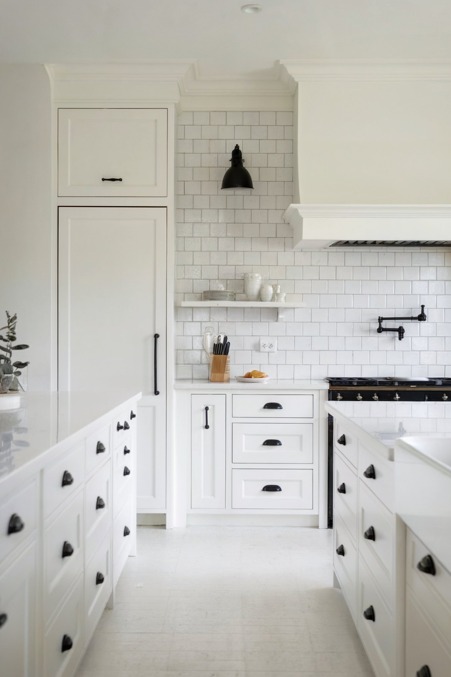 A bright white kitchen with black accents, featuring subway tile backsplash, open shelves, and a classic farmhouse style
