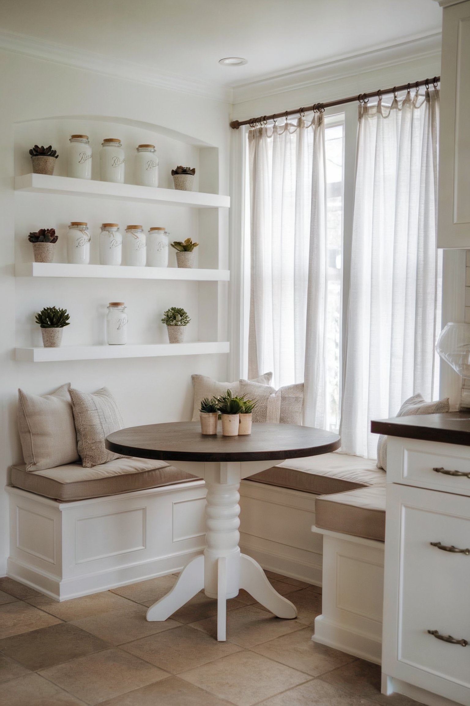 A bright white kitchen nook with built-in benches, simple curtains, and a round table, giving a fresh and minimalist feel