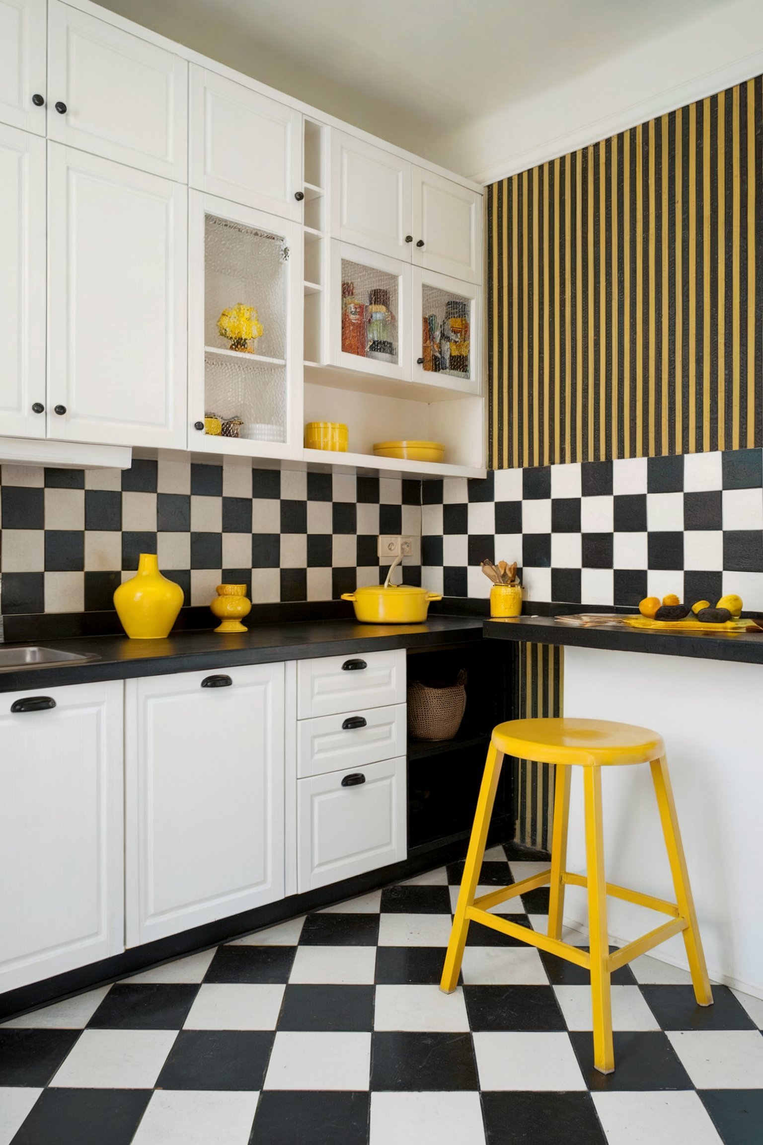 A black-and-white kitchen with checkered tiles, white cabinets, and yellow accents, including a yellow stool and various yellow kitchenware