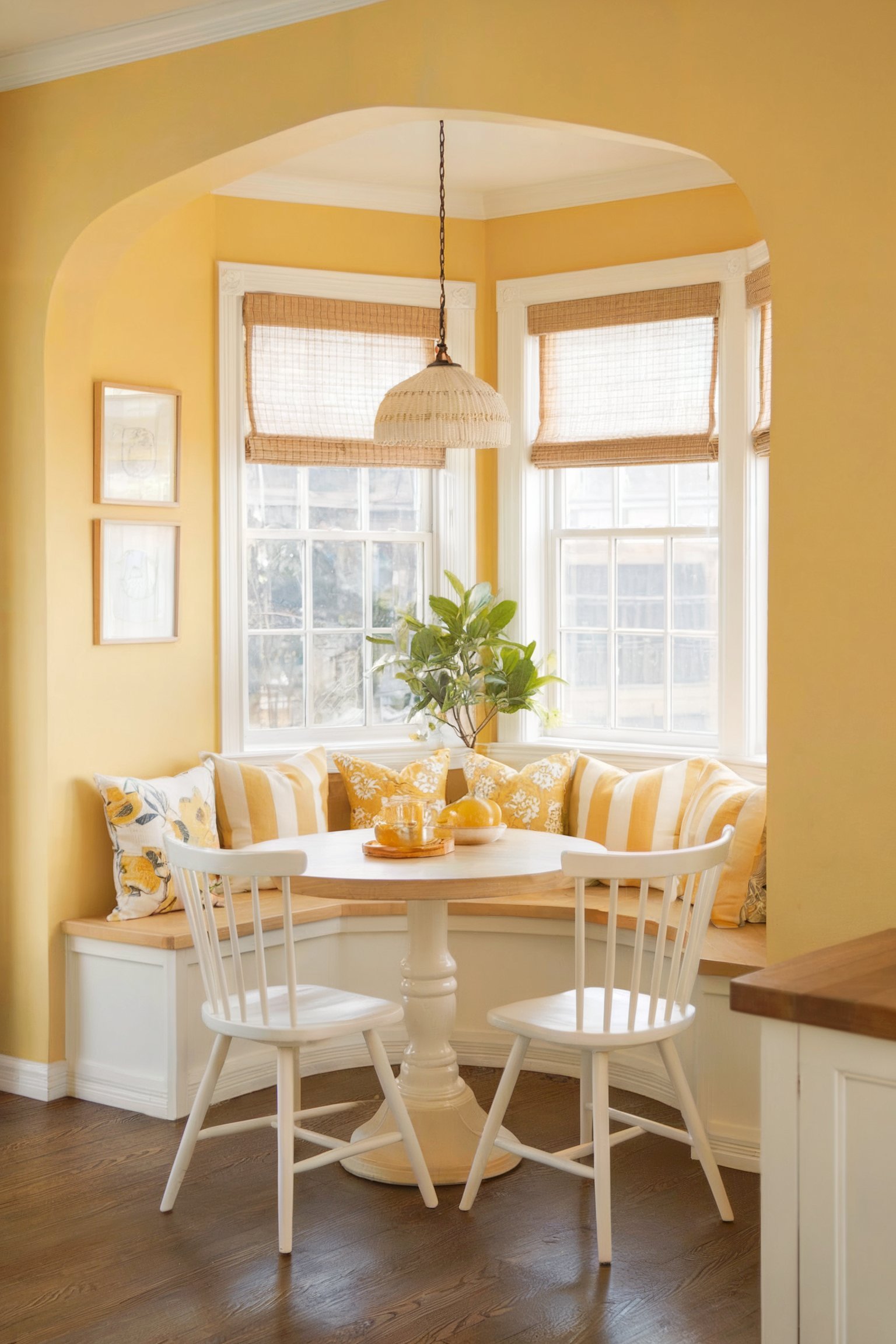 A sunny yellow kitchen nook with striped pillows, a round table, and woven Roman shades, creating a cheerful and welcoming corner