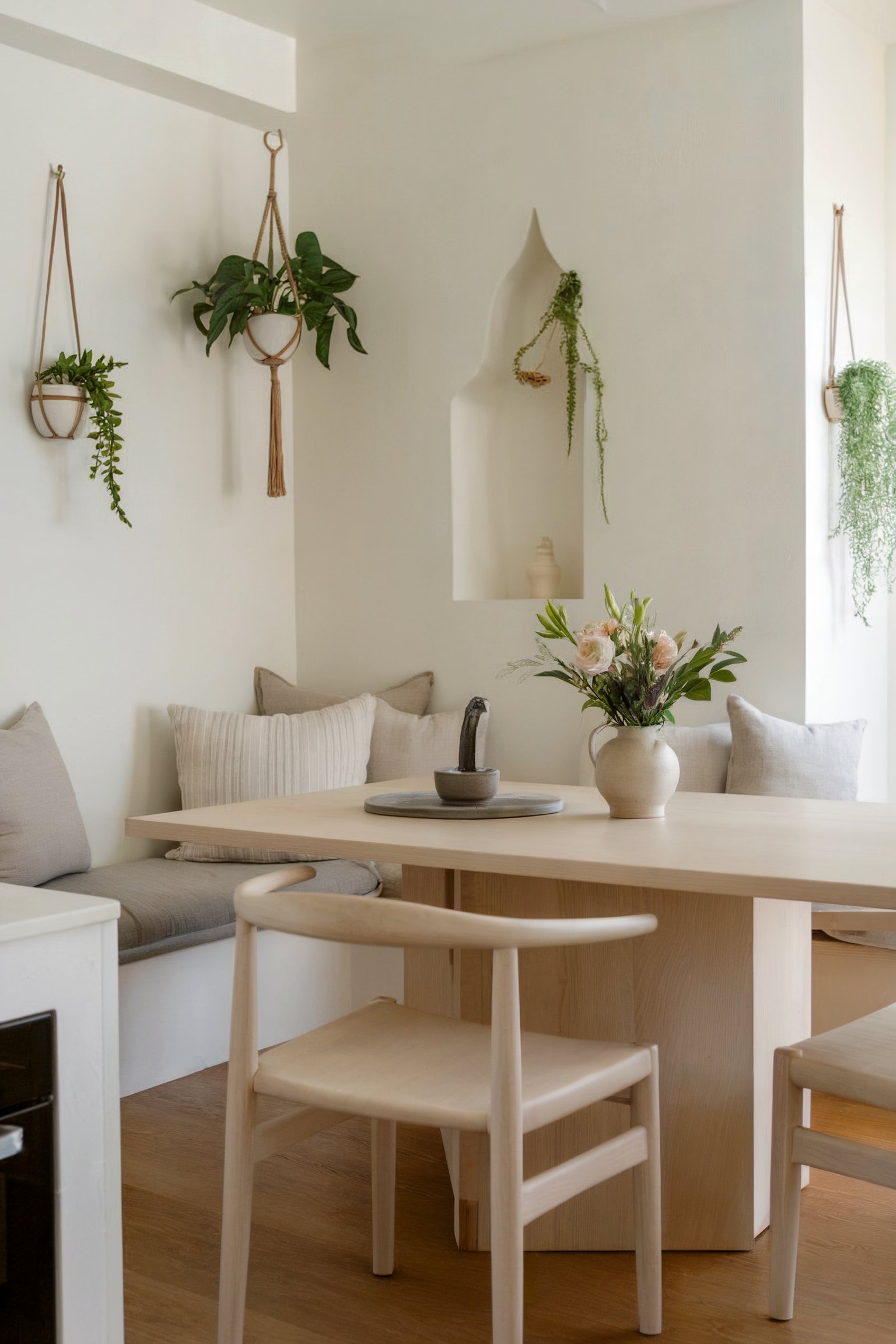A minimalist kitchen nook with light wood furniture, neutral cushions, and hanging plants for a calm and serene atmosphere