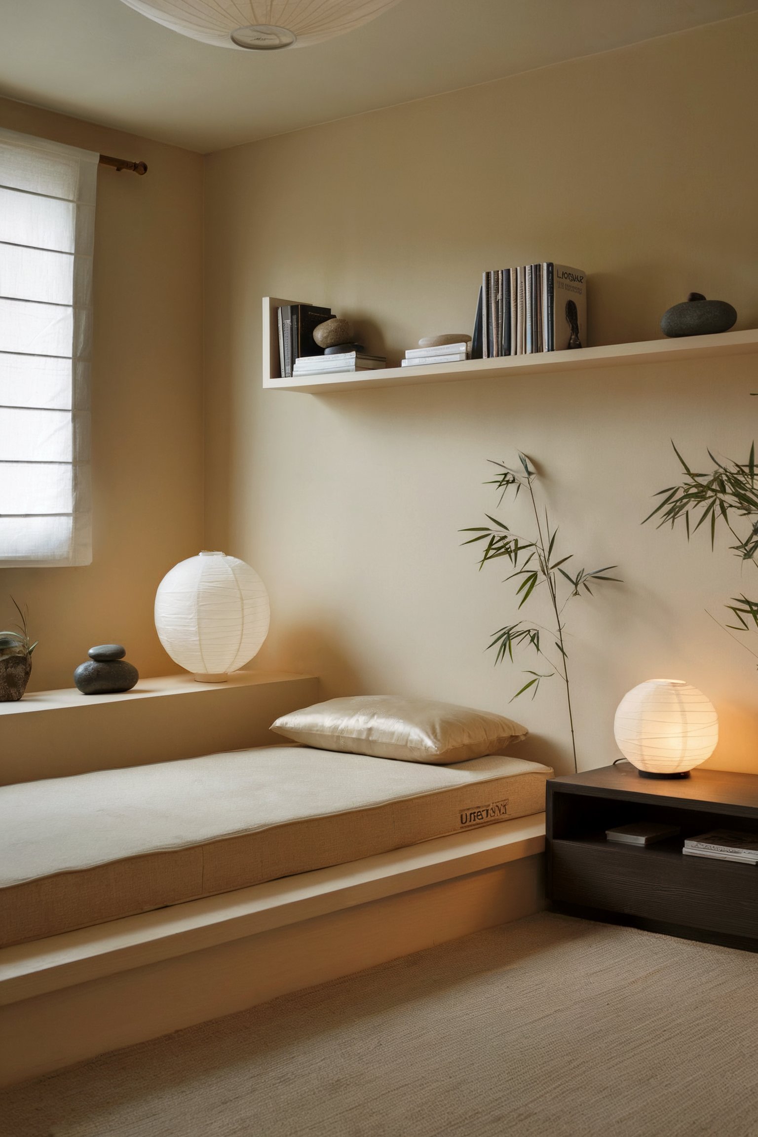 A minimalist bedroom with a simple beige bed, zen decor, paper lantern lighting, and bamboo plants, creating a serene atmosphere
