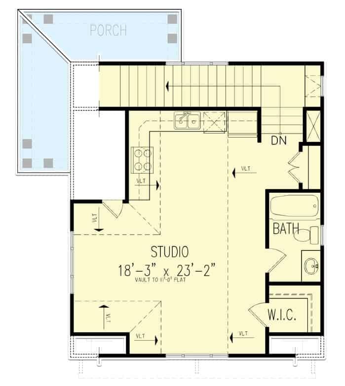 Studio Floor Plan with Vaulted Ceilings and Cozy Porch