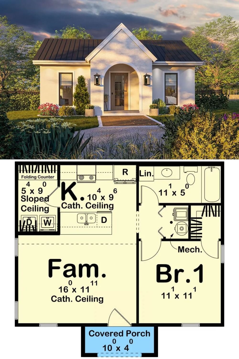 This charming 1-bedroom ADU cottage seamlessly blends modern design with classic cottage appeal. The exterior is adorned with white stucco, painted brick, and a welcoming covered front porch framed by an archway, offering a cozy space to enjoy year-round.