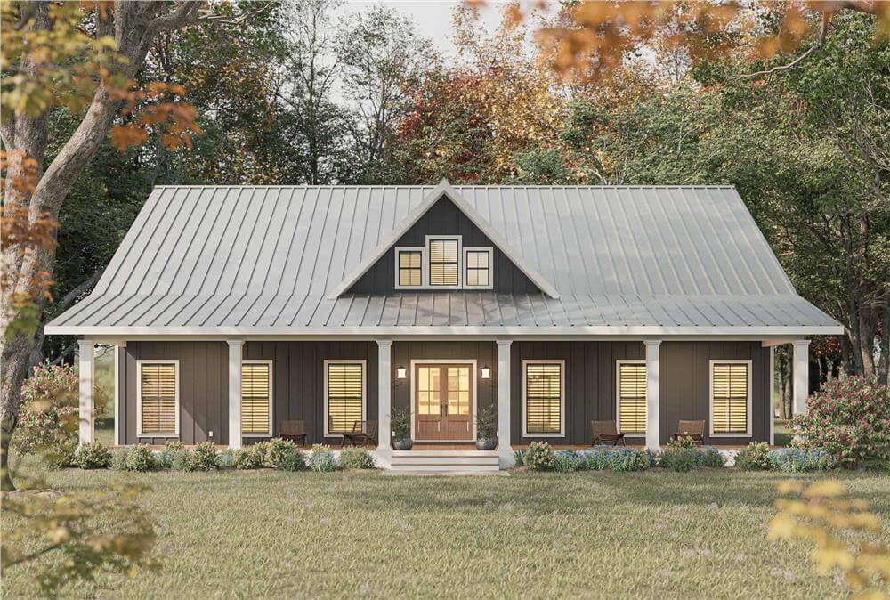 Rustic 5-Bedroom Home with Expansive Front Porch and Open-Concept Living (Floor Plan)