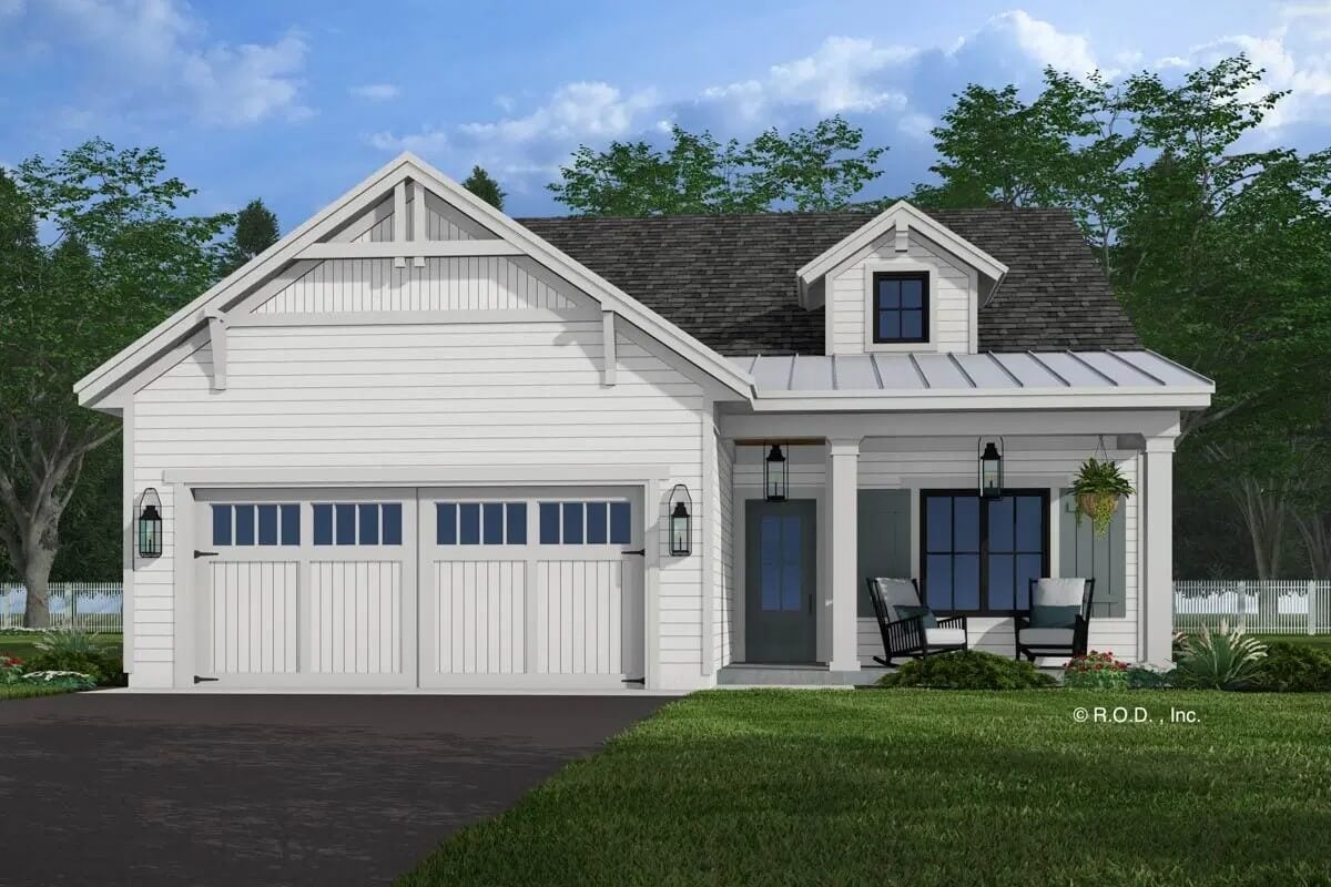 2-Bedroom Country Farmhouse for a Narrow Lot with Front Porch (Floor Plan)