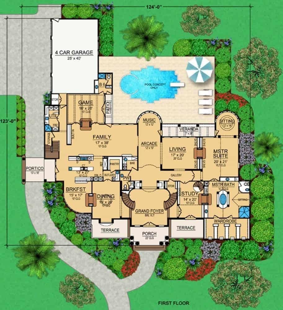 Explore the Expansive Layout Featuring a Central Pool Oasis