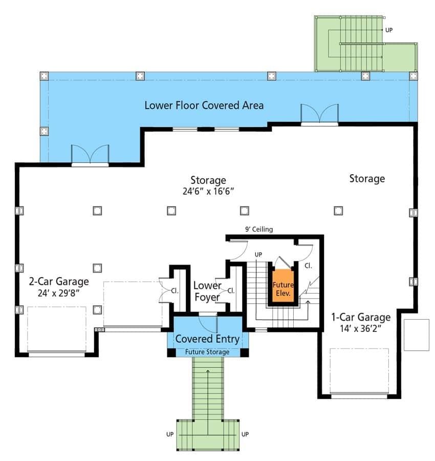 A Lower Floor Plan with Dual Garages and Ample Storage