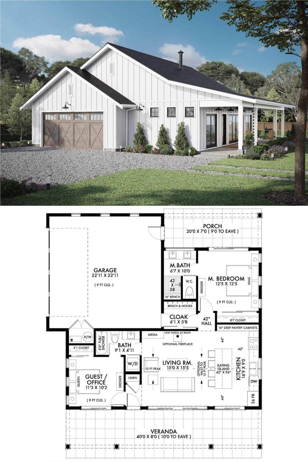 This 2-bedroom modern farmhouse boasts a fresh and inviting facade with white board and batten siding, oversized windows, and an expansive veranda framed with stately columns. A 2-car side-loading garage provides convenient access to the home through a functional mudroom.