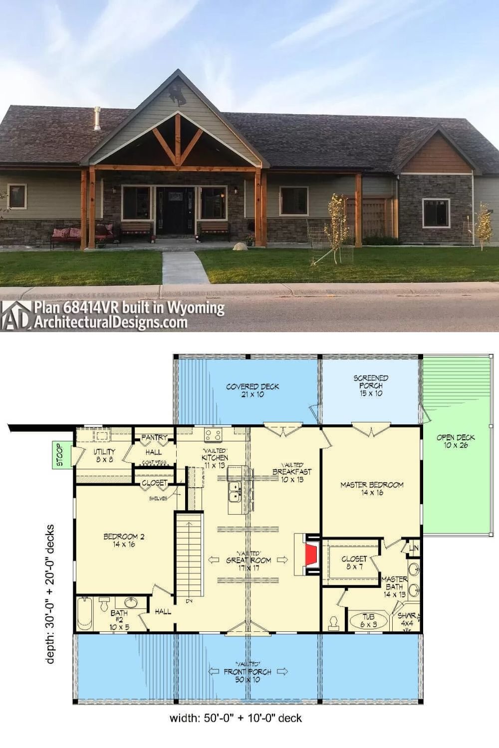 A mixture of clapboard siding, stone, and cedar shakes gives this 2-bedroom ranch an eye-catching curb appeal. It features an expansive front porch that spans the width of the home.