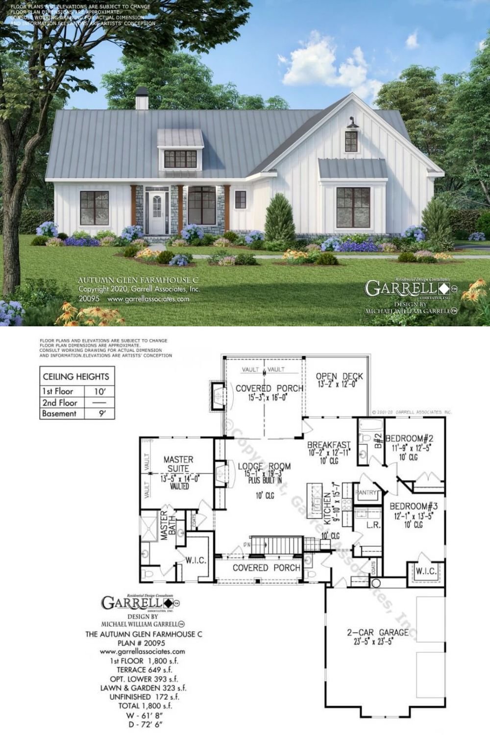 This charming 3-bedroom farmhouse combines classic white board-and-batten siding with natural stone accents, creating an exquisite curb appeal. The inviting front porch welcomes you in while a 2-car side-loading garage provides convenient access through a practical mudroom.