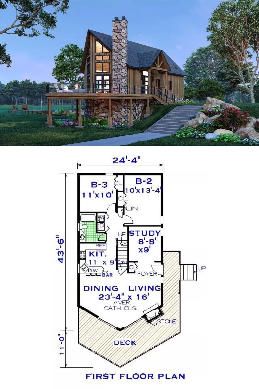 This 3-bedroom chalet-style home showcases a warm and inviting facade with natural wood siding, beautiful stone accents, and a wraparound deck that encourages outdoor enjoyment.