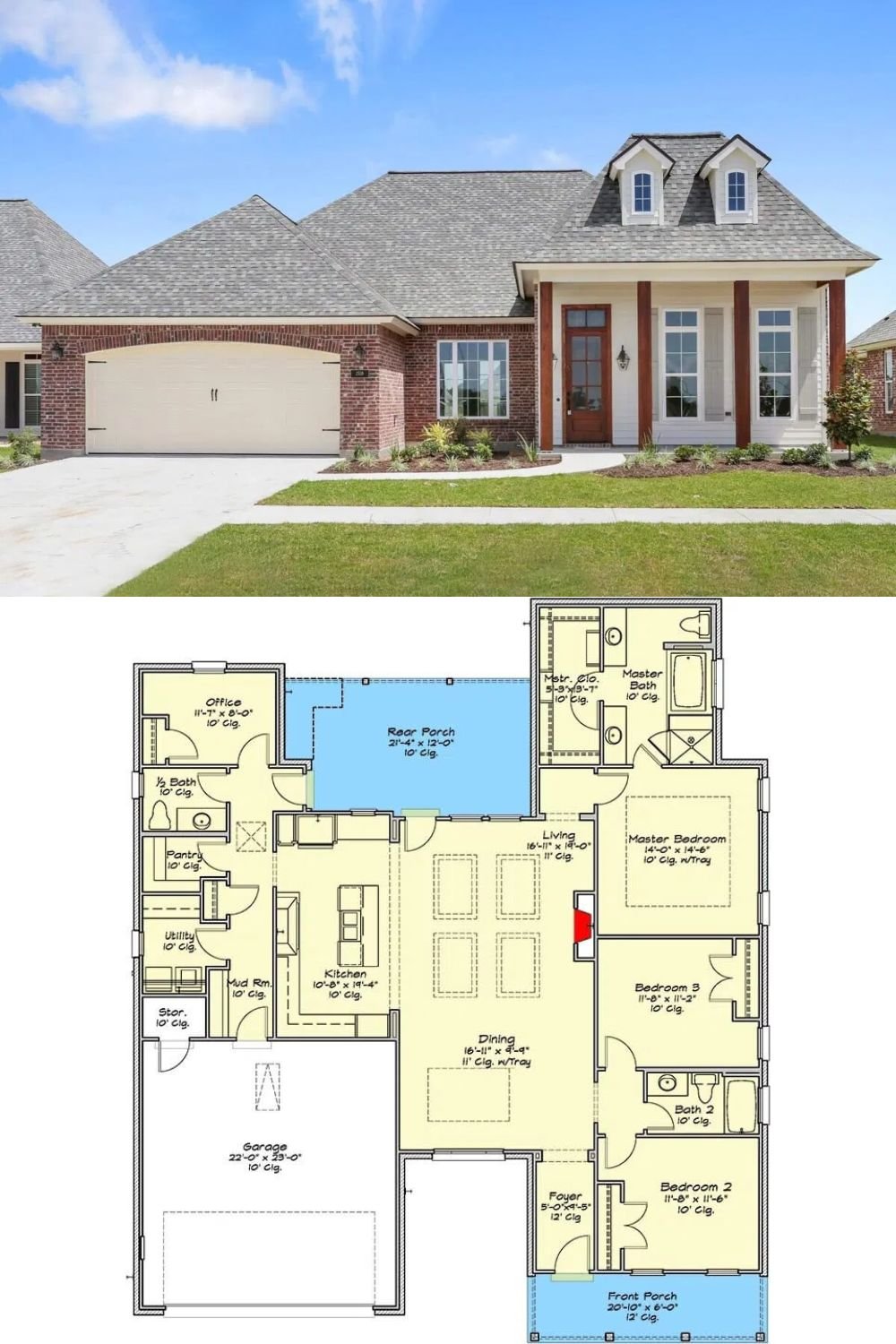 This 3-bedroom contemporary French Country home offers a seamless blend of sophistication and functionality, designed for effortless entertaining both indoors and out. The exterior boasts an elegant mix of brick and siding complemented by warm wood accents framing the inviting entry porch.