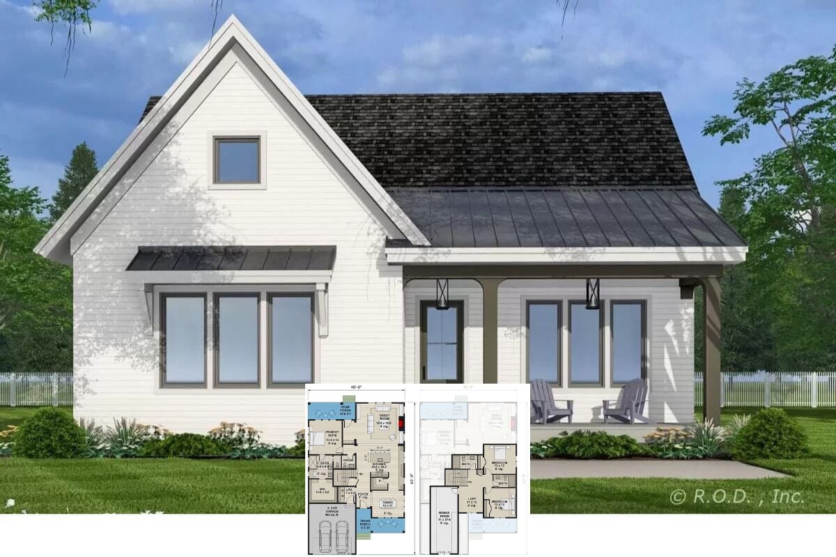 Country-Style 3-Bedroom Cottage with Loft and Bonus Room (Floor Plan)
