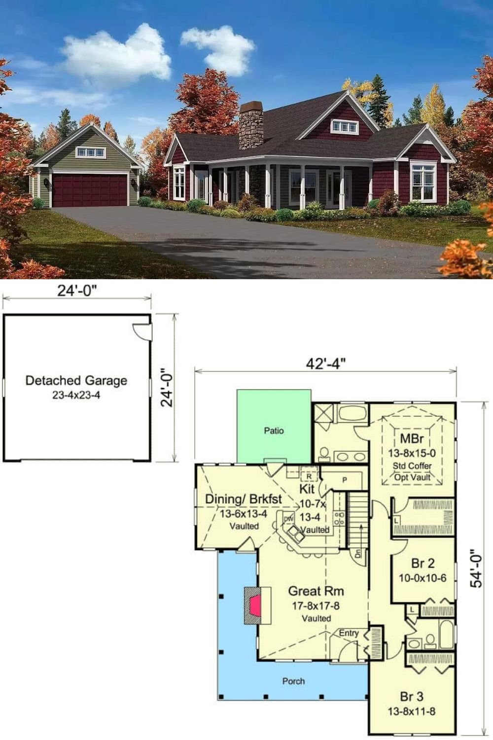 This 3-bedroom country home exudes classic charm with clapboard siding, cedar shakes, a stone chimney, and a wraparound porch bordered with white railings.