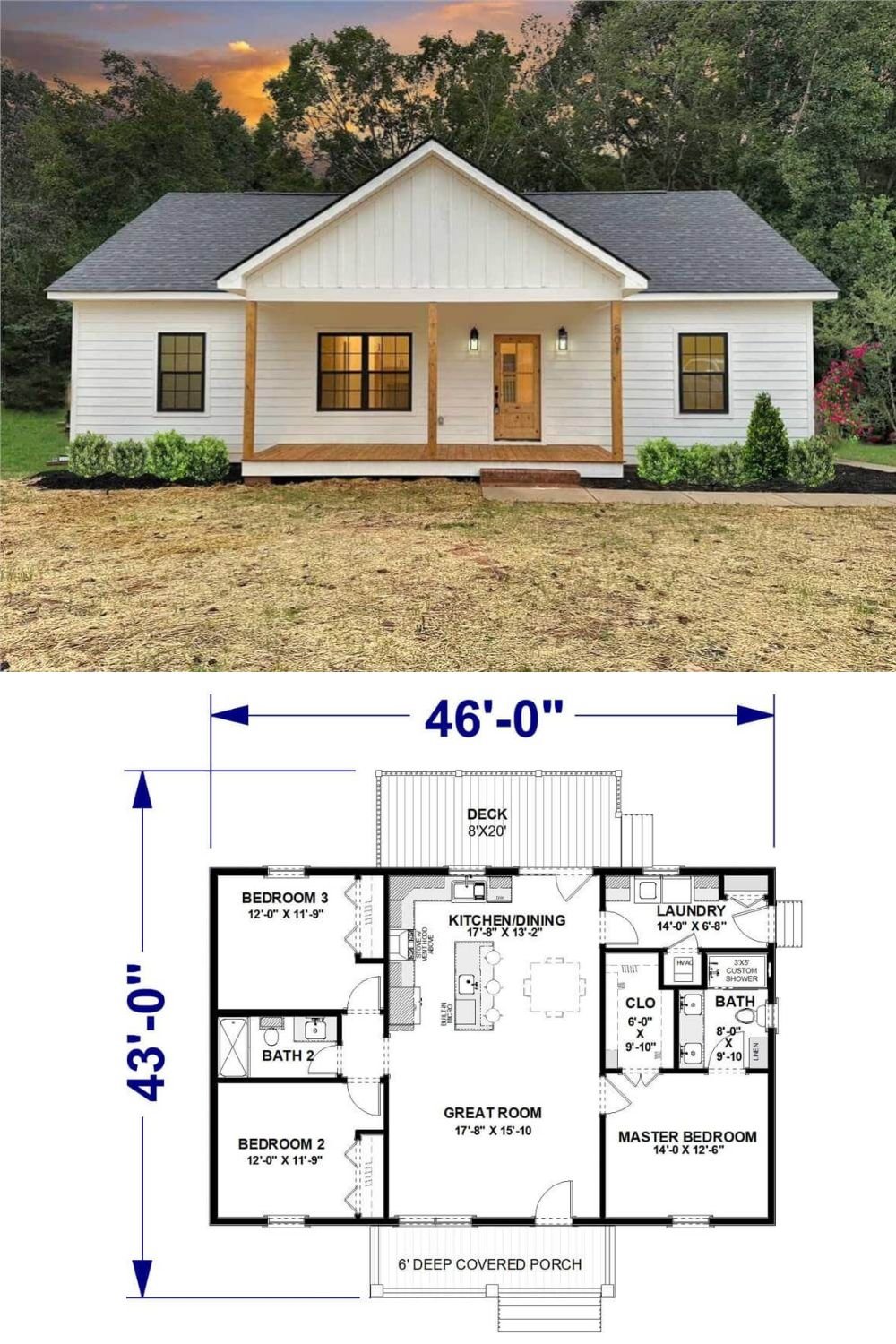 Classic clapboard siding, board and batten accents, and a welcoming front porch framed with rustic pillars embellish this 3-bedroom craftsman home.