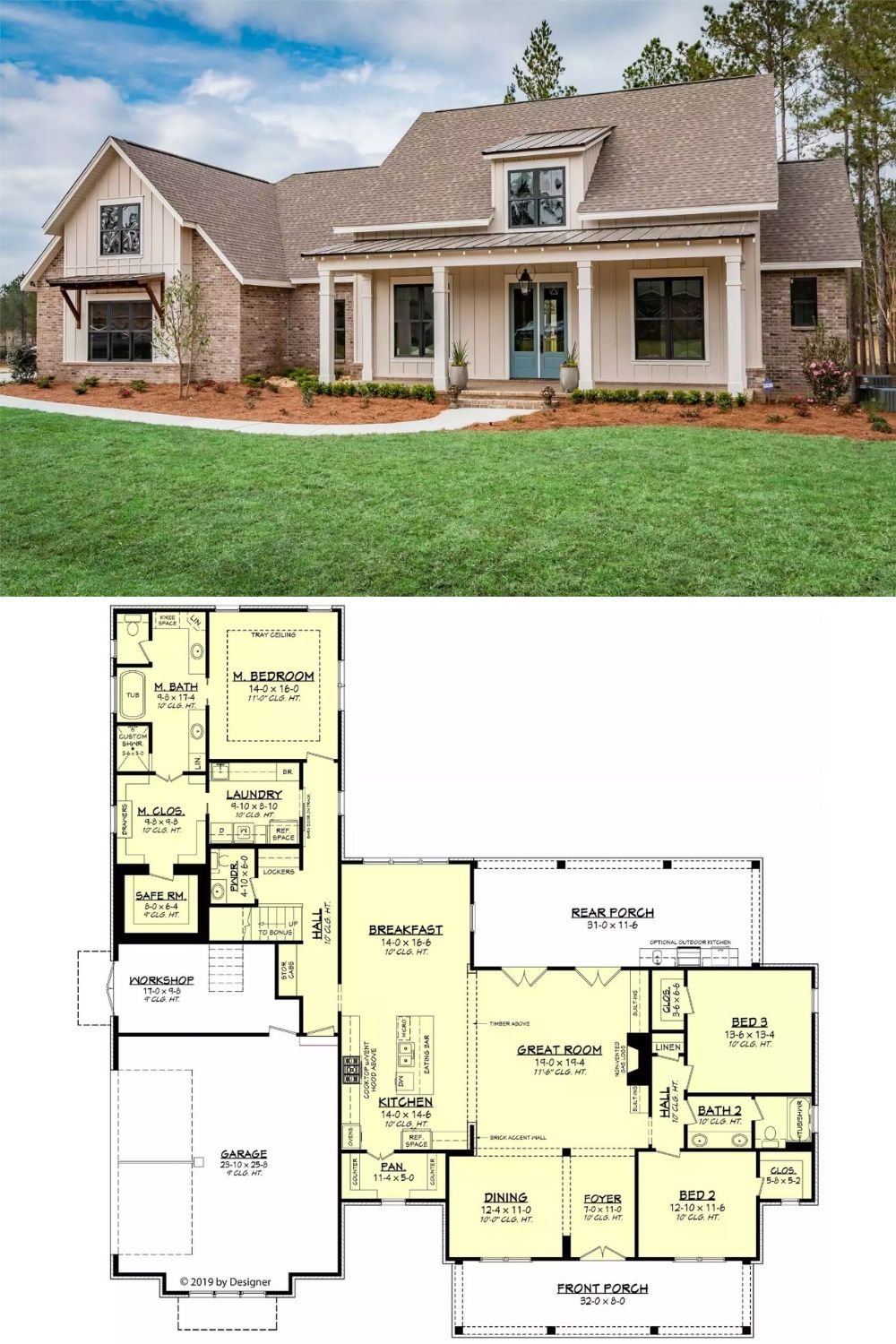 A blend of brick and board and batten siding gives this 3-bedroom farmhouse a striking curb appeal. It includes a 2-car side-loading garage and a welcoming front porch adorned with a central shed dormer, exposed rafters, and decorative columns.