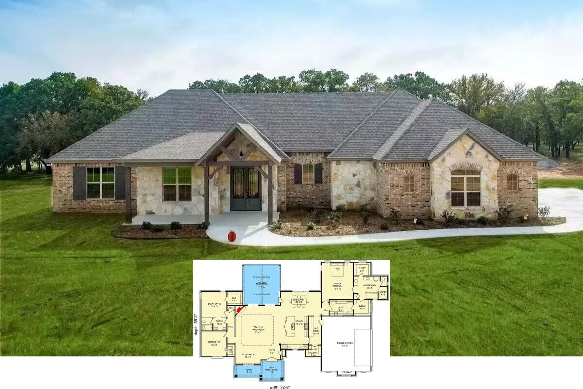 3-Bedroom Hill Country Ranch with Vaulted Front Porch and Open-Concept Living (Floor Plan)
