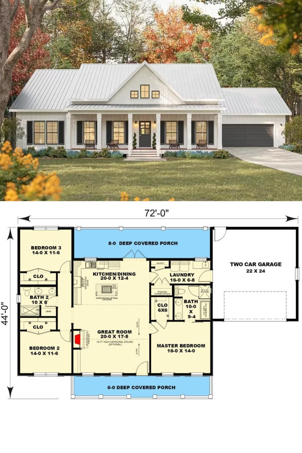 This 3-bedroom modern farmhouse radiates a classic charm with white board and batten siding, contrasting shuttered windows, and stately columns framing the welcoming front porch. A 2-car garage provides convenient access through a laundry room.