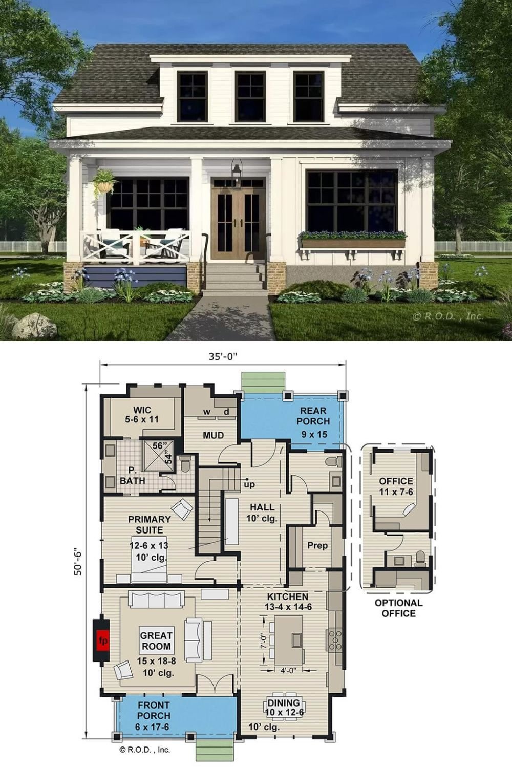 Vertical and horizontal siding, a large shed dormer, and a welcoming front porch framed by brick base columns give this 3-bedroom modern farmhouse an impeccable curb appeal.
