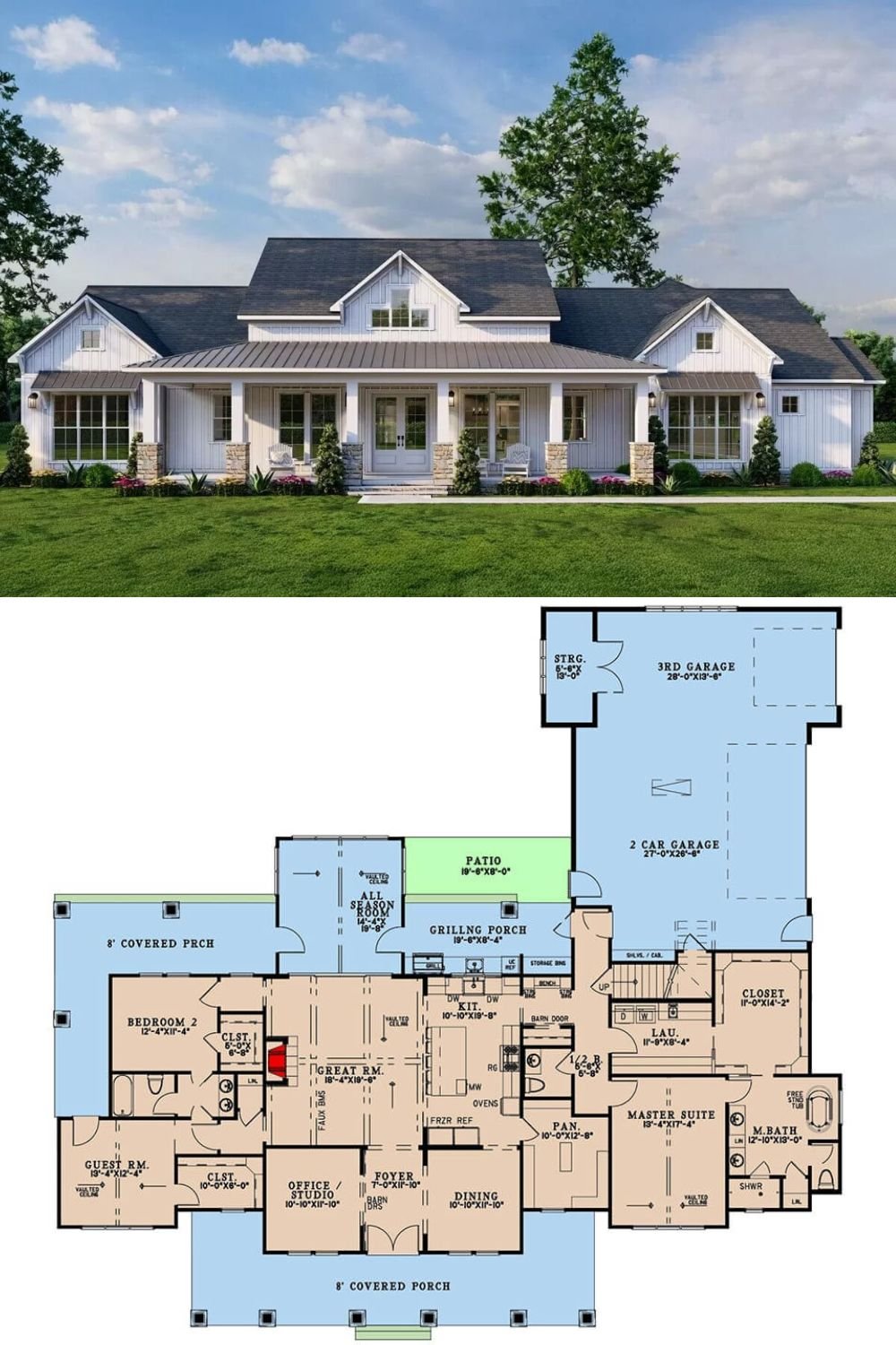 This 3-bedroom modern farmhouse radiates country charm with board and batten siding, metal roof accents, and a welcoming front porch supported by stone base pillars. A 3-car side-loading garage attaches at the rear and includes an upstairs bonus room, perfect for future expansion or additional living space.