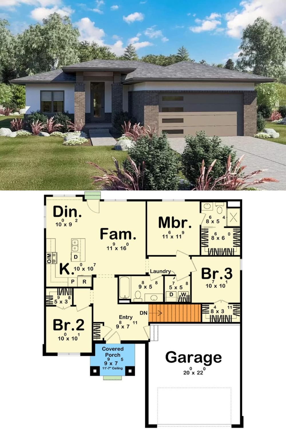 This 3-bedroom modern home showcases an exquisite facade with its brick and stucco exterior, low-hipped rooflines, and a sleek entry supported by brick pillars.