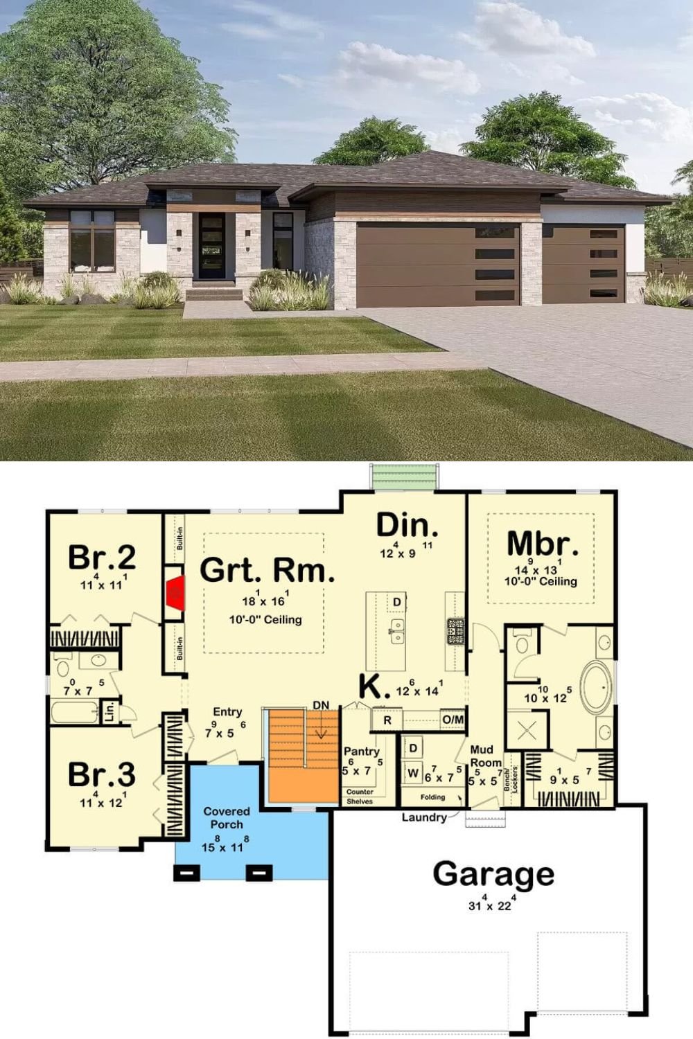 Low-hipped rooflines, stone and stucco exterior, and warm wood accents embellish this modern prairie-style home. It includes a sleek entry and a 3-car front-loading garage that accesses the home through a mudroom.