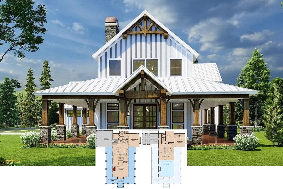 Rustic-Style 3-Bedroom Home with Wraparound Porch and Balcony Loft (Floor Plan)