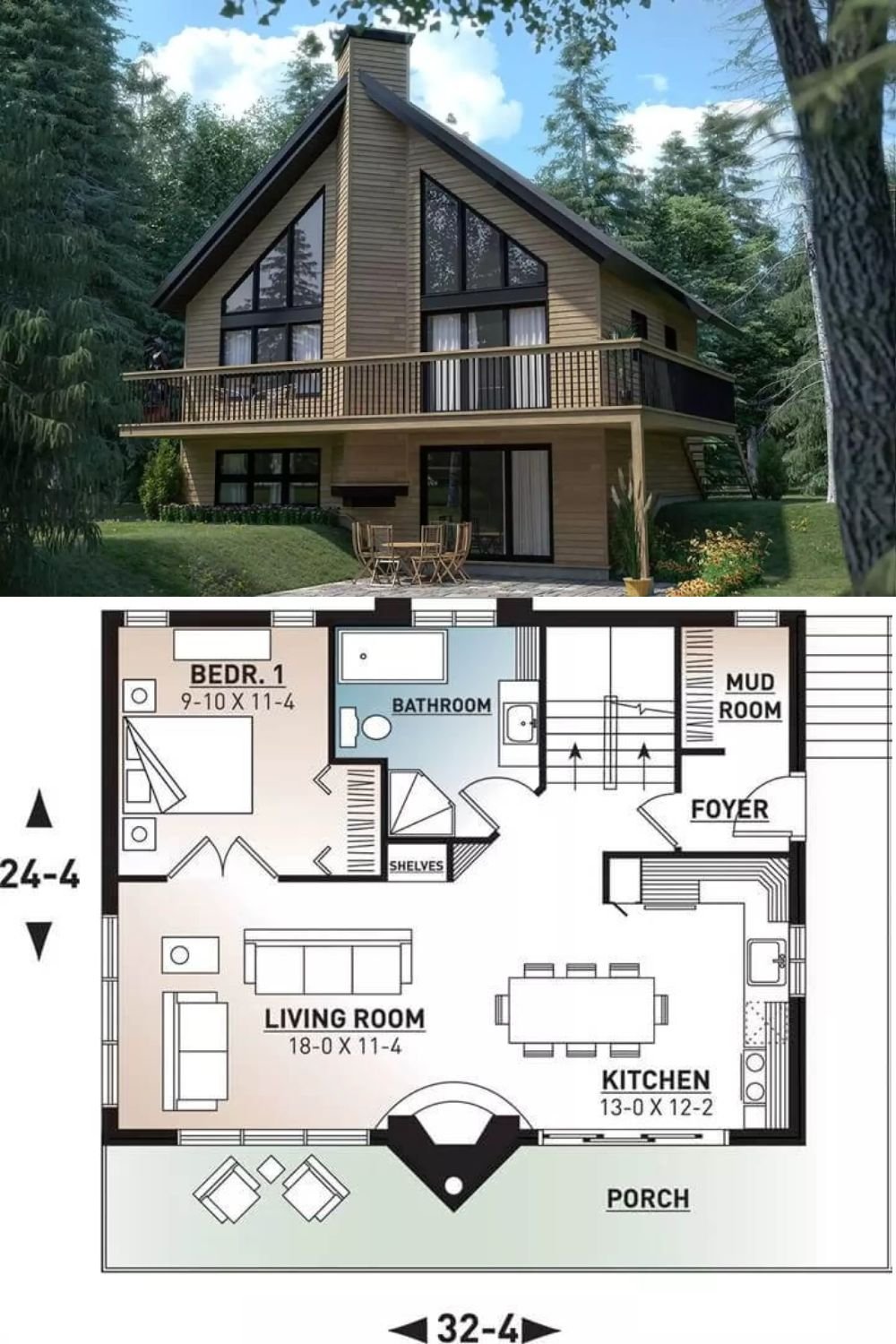 Natural wood siding, a steeply pitched roof, and a wraparound deck bordered by wrought iron railings give this 3-bedroom cottage an impeccable curb appeal.