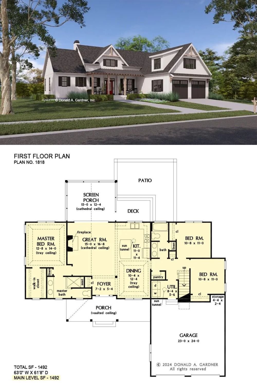 This charming modern farmhouse boasts exquisite curb appeal with its board and batten siding accentuated by decorative gable trusses, shutters, and exposed rafters. It includes a welcoming front porch and a double front-loading garage with a bonus room above, perfect for future expansion.