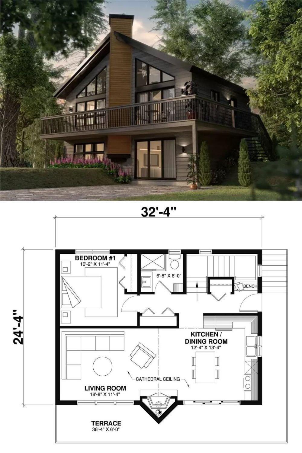This craftsman-style lake house exudes craftsman charm with natural wood siding, a chimney, and a wraparound deck bordered by wrought iron railings.