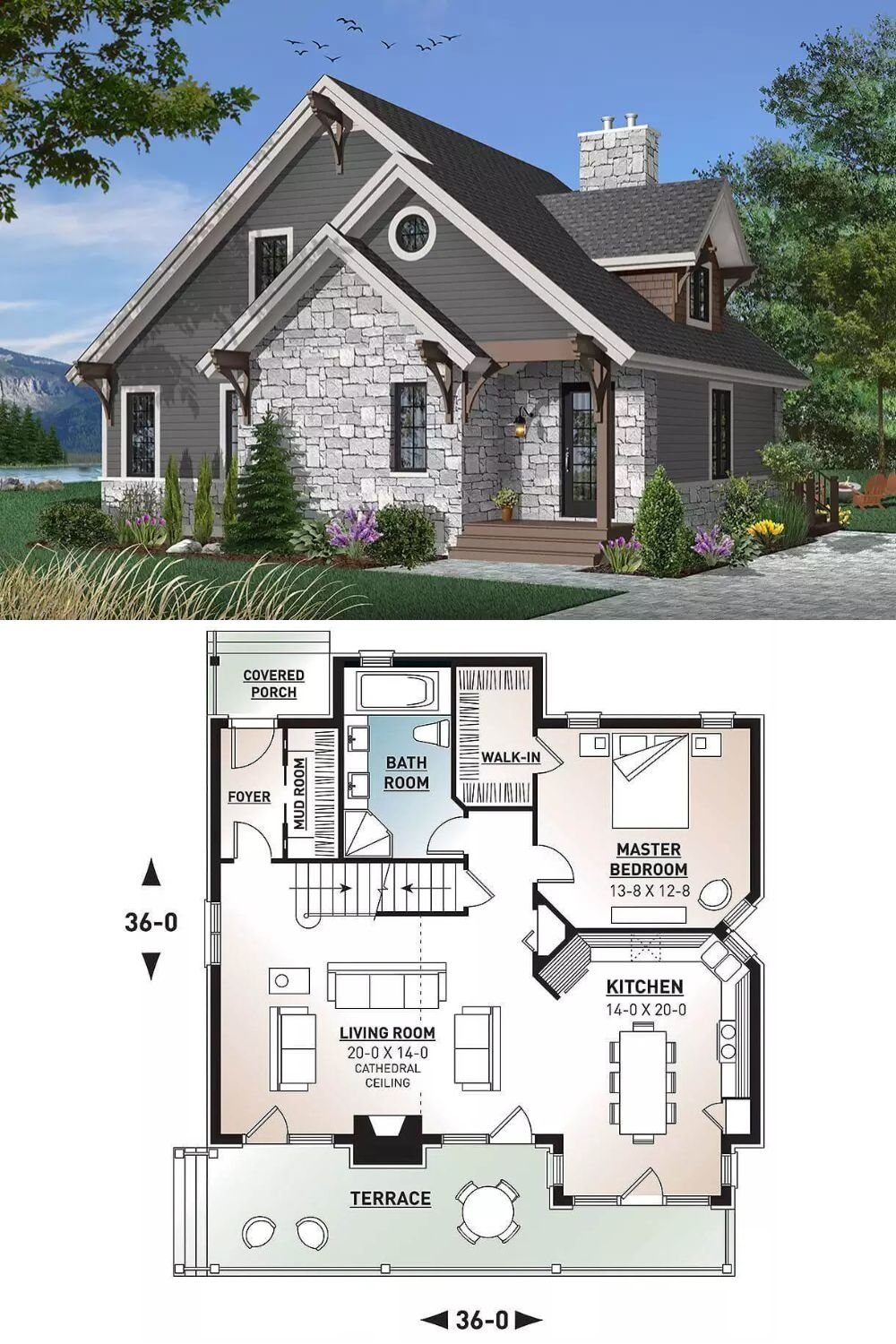 Stone and siding, a charming dormer, and gable rooflines adorned with decorative brackets give this 3-bedroom country-style home an exquisite curb appeal.