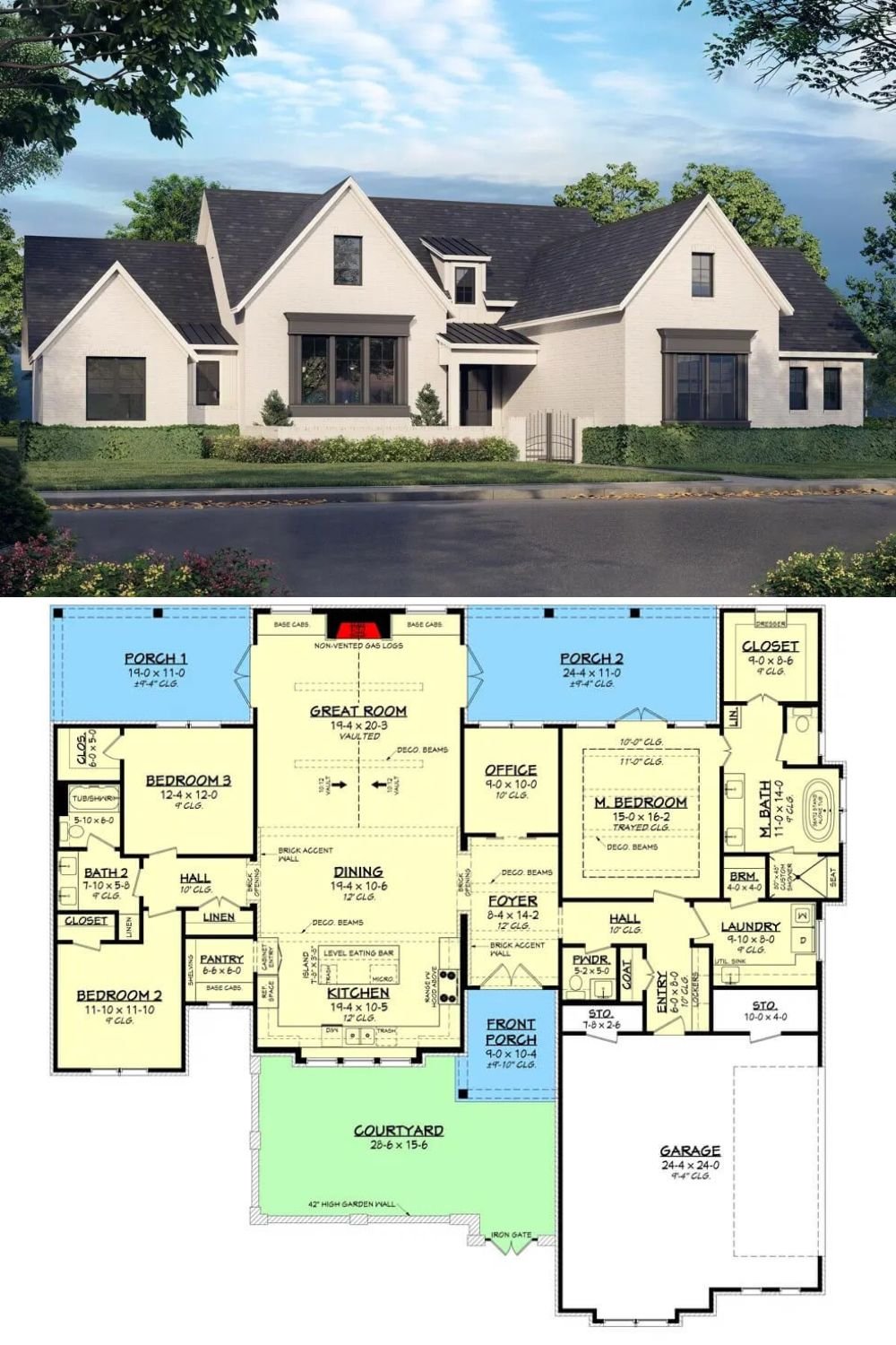 This 3-bedroom transitional home boasts a painted brick exterior, multiple gables, and metal roof accents, creating a sophisticated yet inviting facade. A front courtyard enhances the home's curb appeal while a 2-car side-loading garage provides convenient access through a mudroom.